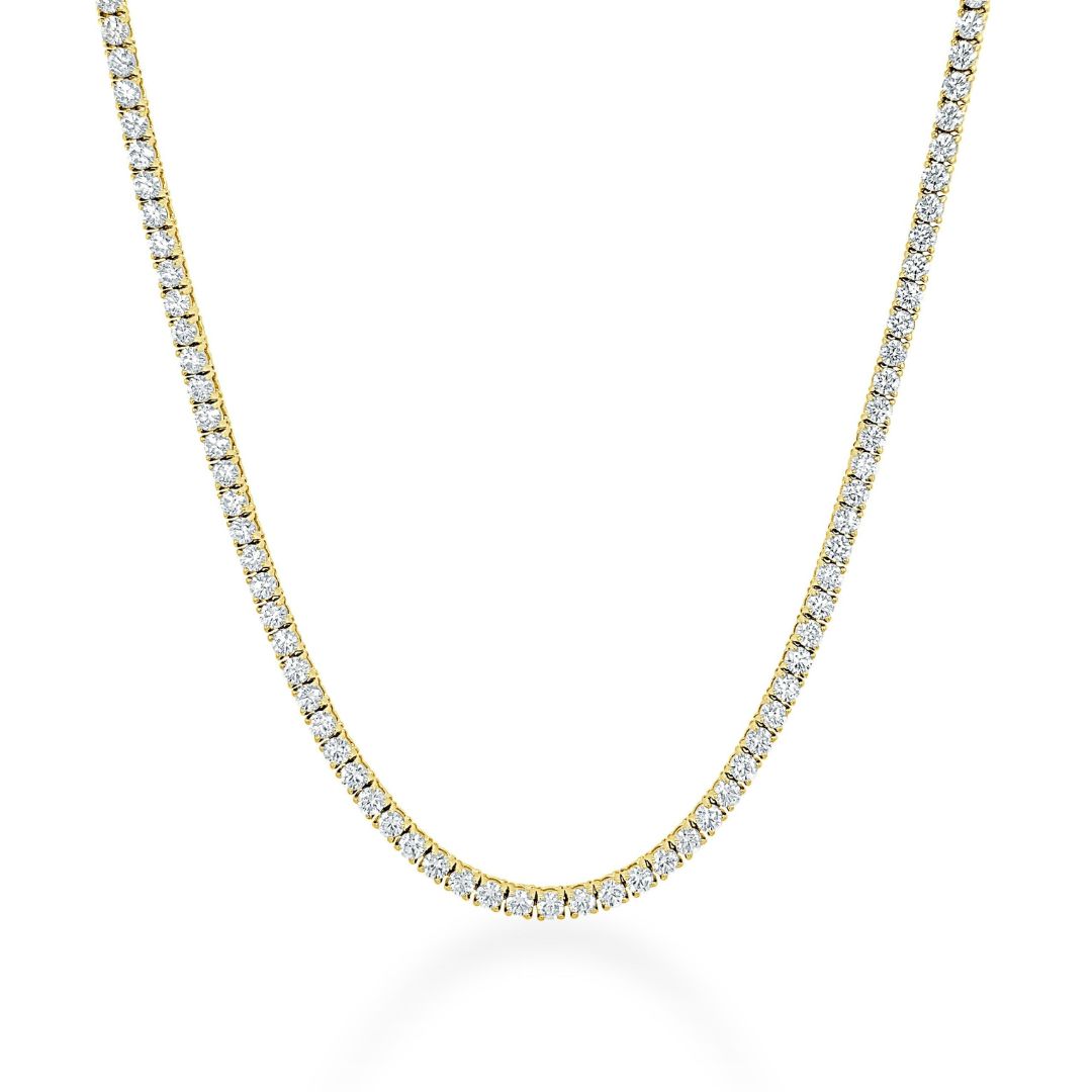 Radiant lab-grown diamond tennis necklace in 14K yellow gold, showcasing a classic prong-set design with brilliant diamonds.