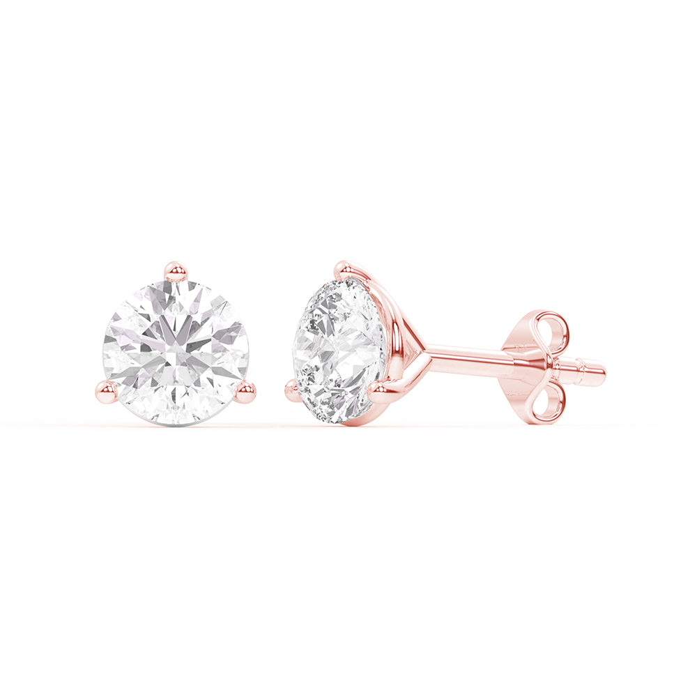 Lab-grown diamond 3-prong martini stud earrings in 14K rose gold, showcasing brilliant round diamonds for a sleek and elegant design