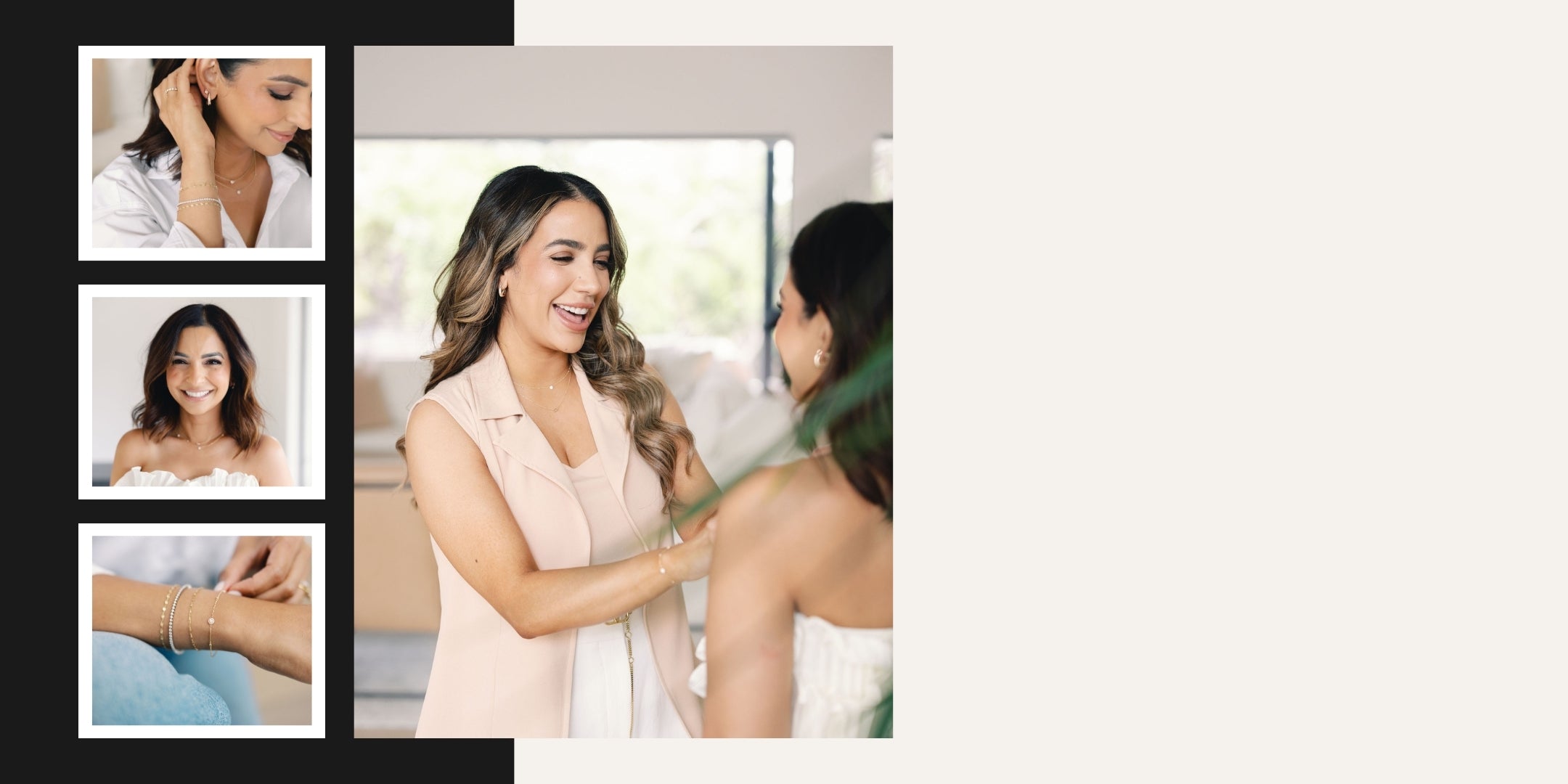 Collage of Nasreen Shahi and Seema Patel wearing elegant jewelry, featuring close-ups of earrings, necklaces, and bracelets from their collaboration.