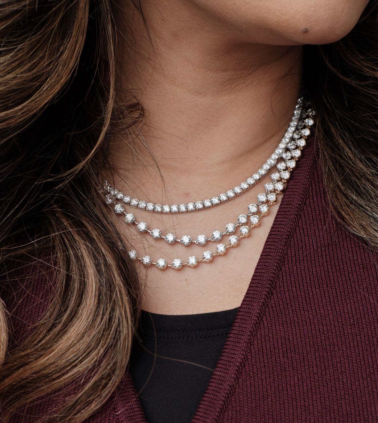 Elegant layered diamond necklaces featured in the fine jewelry collection by Seema Jewelry and Co.