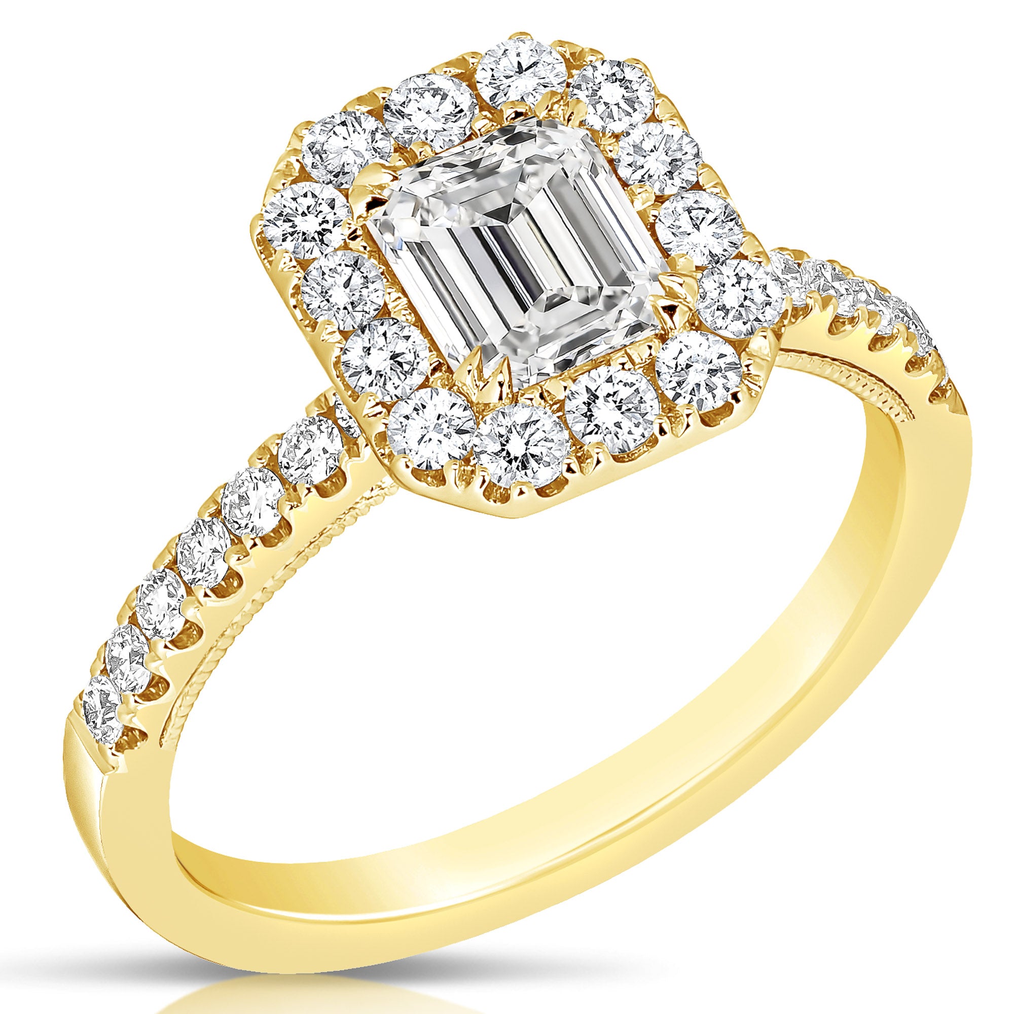 14K 3/4 Ct Center Emerald Cut Halo Diamond Engagement Ring