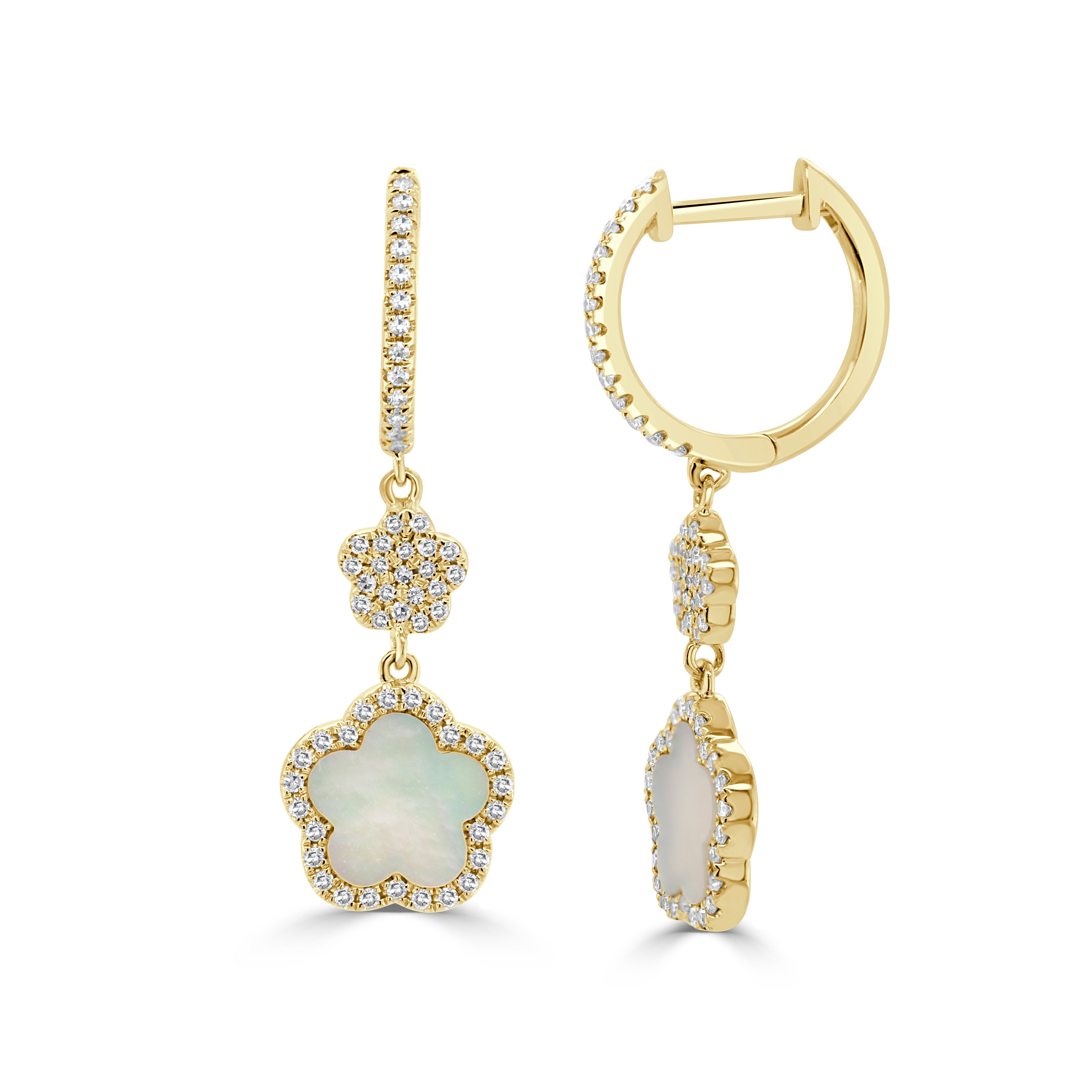 14K Gold Diamond & Mother of Pearl Clover Dangle Earring