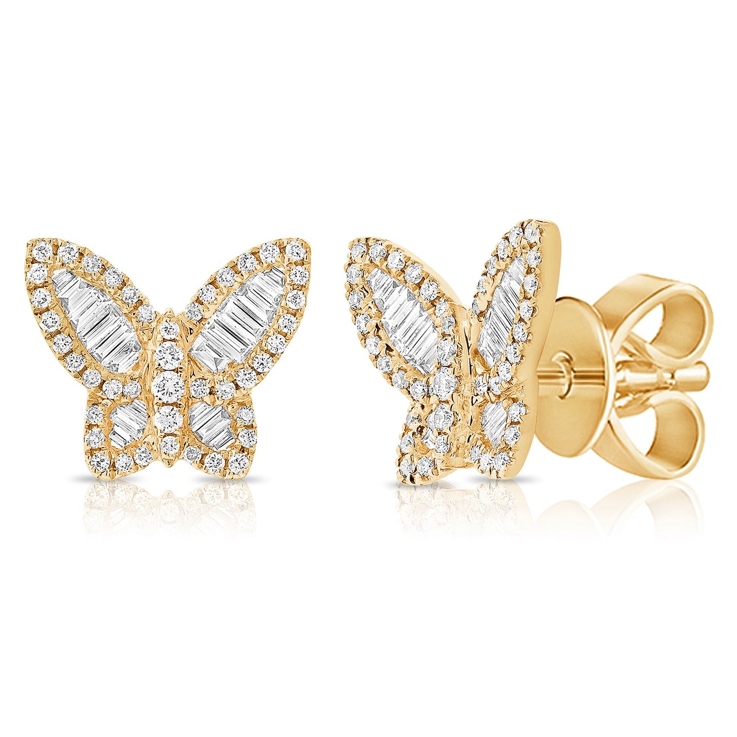 14k Gold & Baguette Diamond Butterfly Stud Earrings