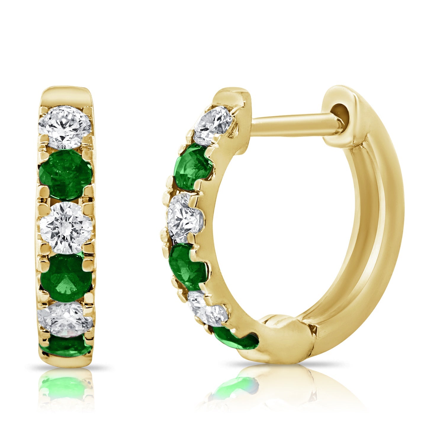 14K Gold Emerald & Diamond Alternating Huggie Earrings