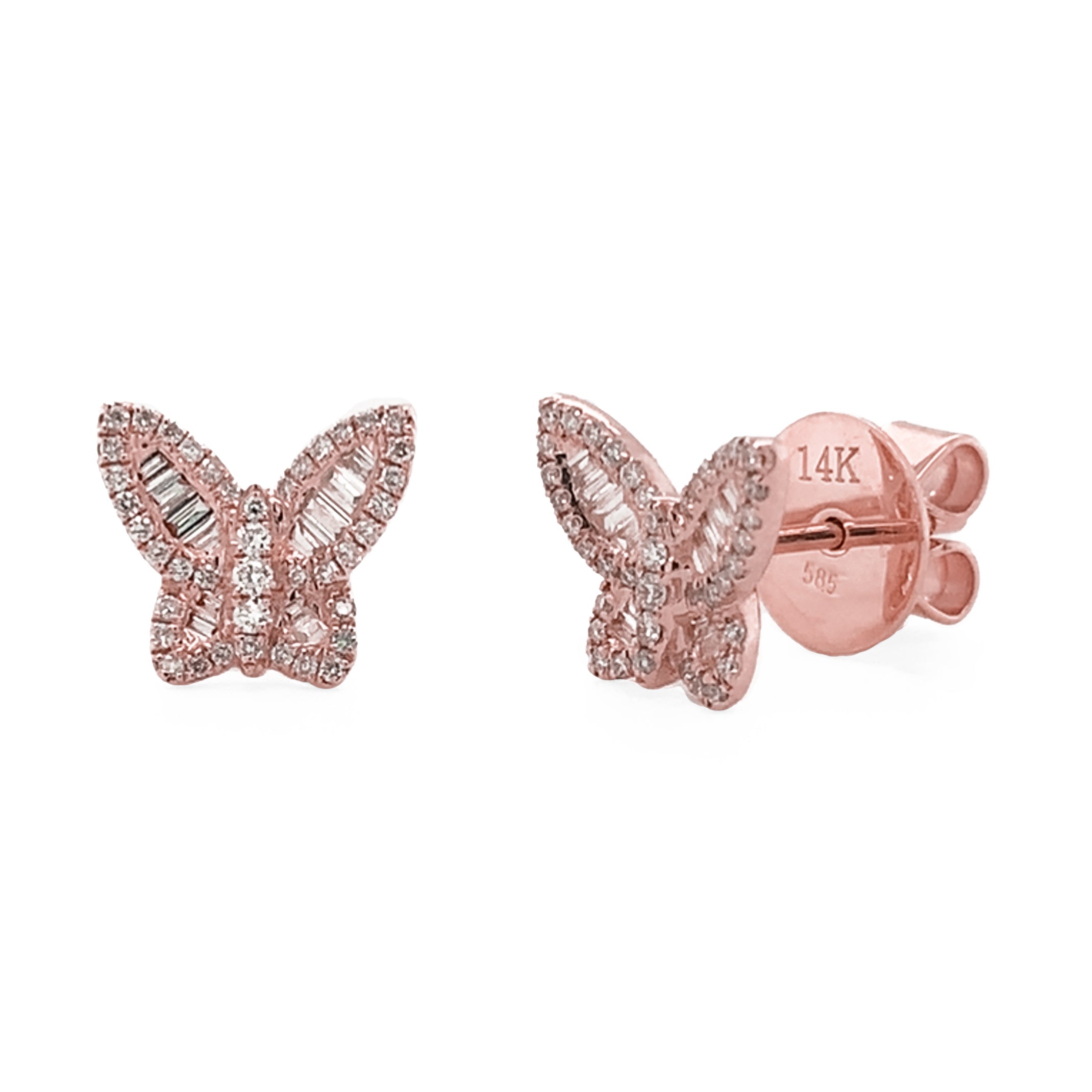 14k Gold & Baguette Diamond Butterfly Stud Earrings